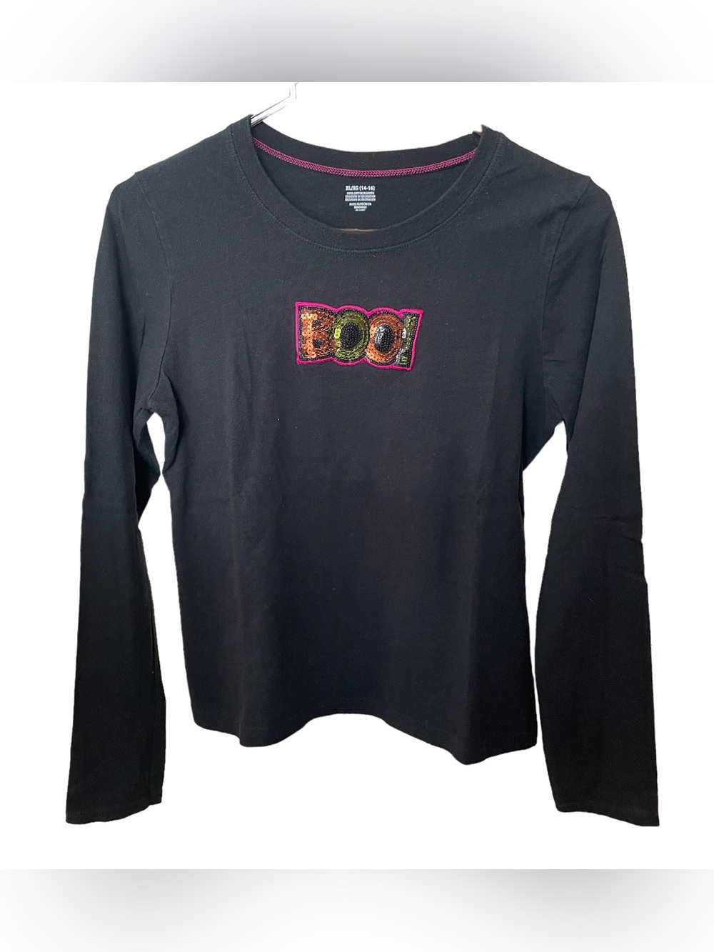 Girls Long Sleeve Cotton Tee Black with Sequin “BOO” Embellishment Size XL